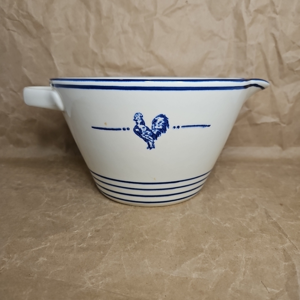 Cracker Barrel Ceramic Blue Trim Rooster Mixing Bowl ~ Handle & Pour Spout